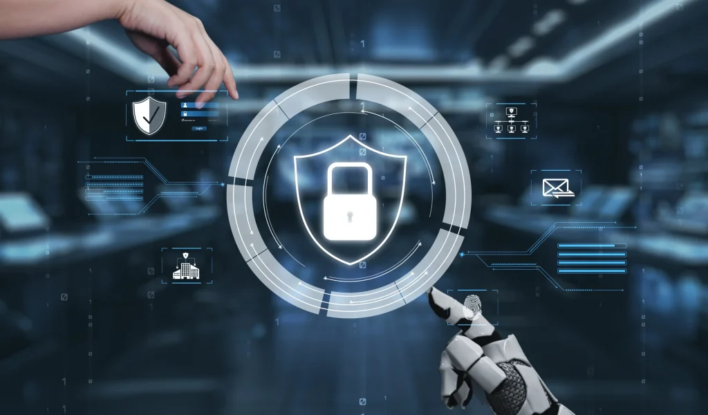 Illustration de la cybersécurité appliquée aux robots collaboratifs avec interaction humain-machine et protection des données